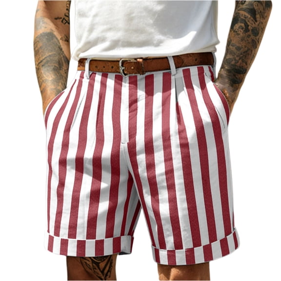 Fabrcox Striped Mens Linen Short Color Block Shorts for Men Casual Summer Beach Vacation Travel Big and Tall Bermuda Shorts for Men with Pockets Red S