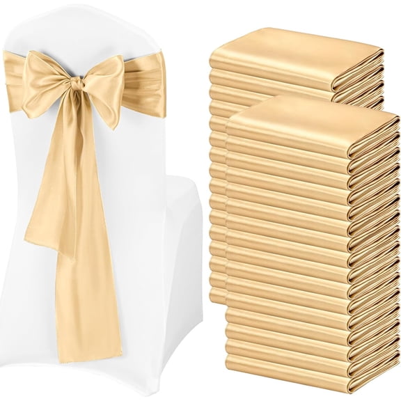 100Pcs Satin Chair Sashes Ties, Champagne Satin Chair Sashes Bows Chair Cover Back Tie Supplies for Wedding Reception Events Banquets Party, Hotel Event, Chairs Decoration