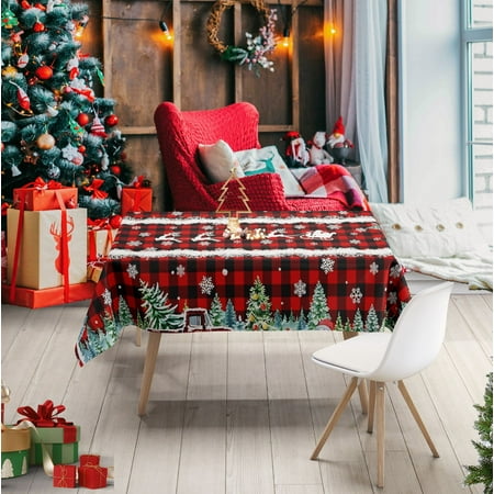 

Christmas Tablecloth Winter Snowman House Christmas Trees Red Washable Table Cover for Party Picnic Dinner Decor