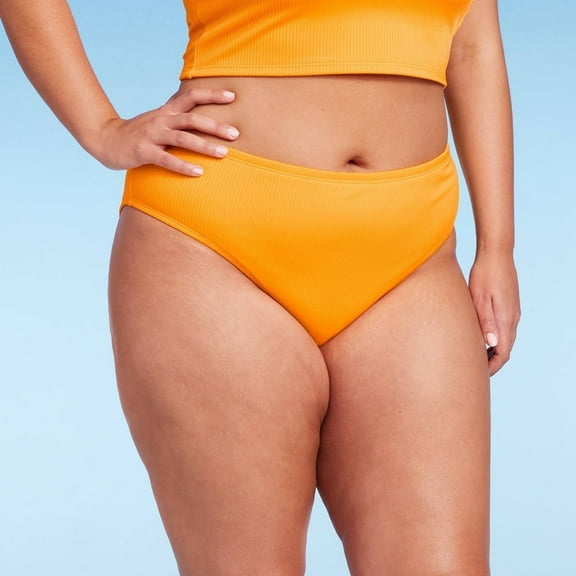 Wild Fable Women's Bikini Bottoms Ribbed Scoop Front High Leg Cheeky X Orange