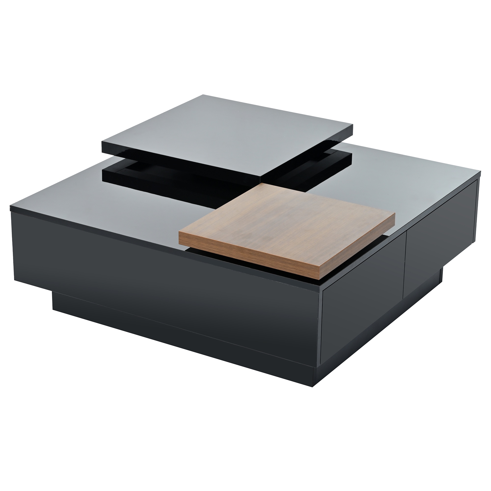 PORKISS Coffee Table, Wooden Coffee Table with Movable Top and High Gloss Finish, Freestanding Square Coffee Table with 4 Hidden Storage Drawers, Modern Cocktail Table for Living Room, Black