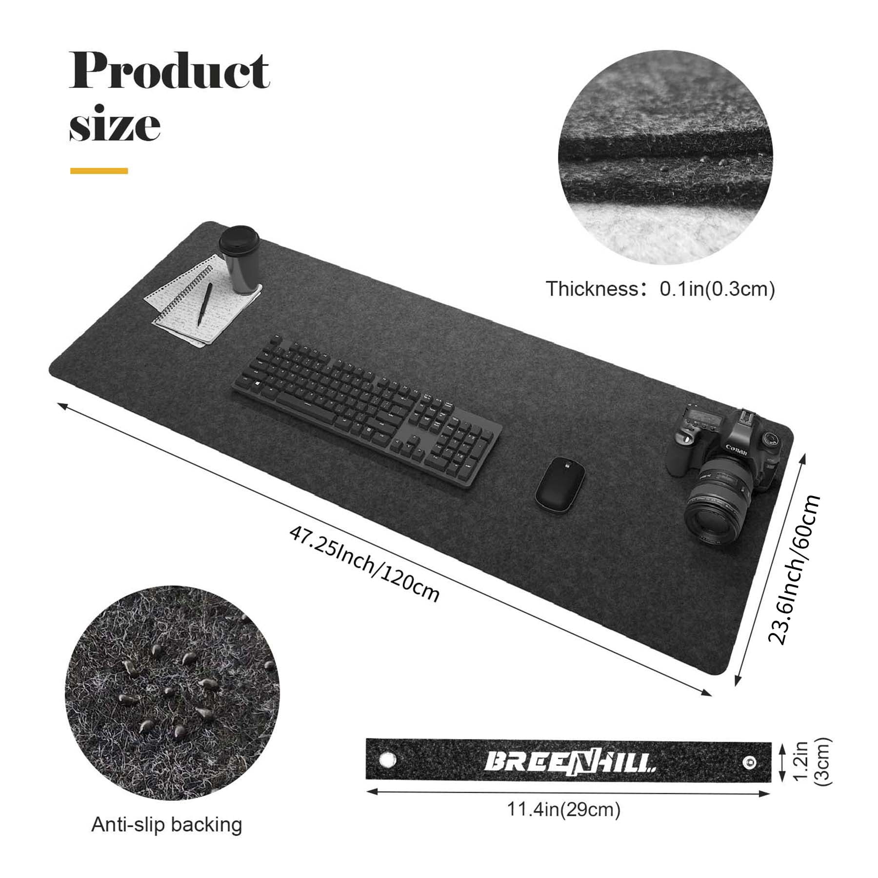 BREENHILL Felt Desk Pad, 47.3" x 23.6" Dark Gray Large Anti-slip Desk Mat Mouse Pad Keyboard Mat for Office Home