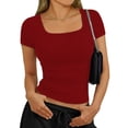 thumbnail image 2 of Short Sleeve Square Neck Tees for Women Slim Fit Crop Y2K Casual Summer Cute Basic Going Out Workout Gym Fashion Tops 2026 Wine S, 2 of 6