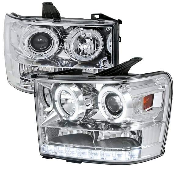 Dual Halo Projector Headlights (Chrome Housing/Clear Lens) Made for and Compatible with 2007-2014 GMC Sierra