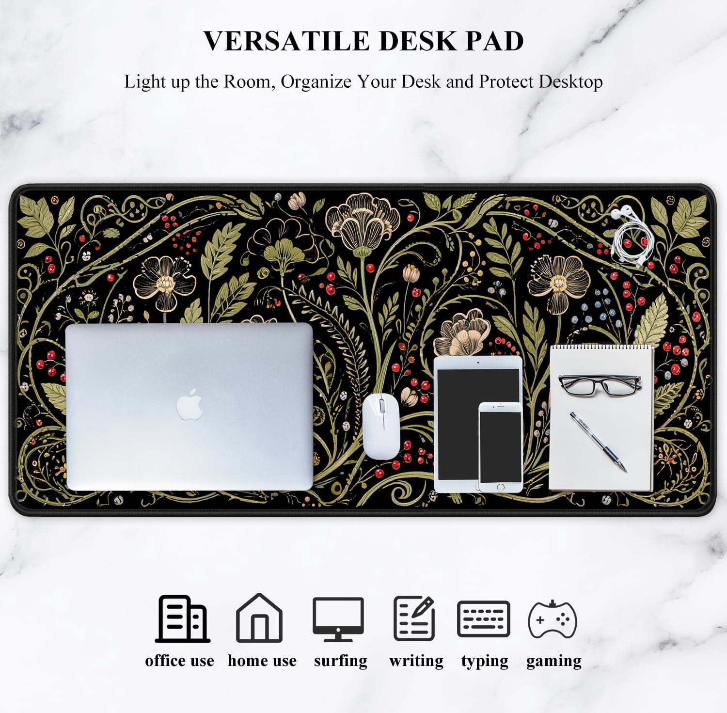 Desk Mat, Ultra Large Mouse Pad, XXL Gaming Mousepad, Pretty Desk Pad, Big Extended Full Size Desktop Desk Matt for Keyboard, Laptop & Computer, 35.5 x 15.7 in, European Vintage Flowers