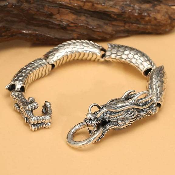 HOOUN Solid 925 Sterling Silver Chain Men Carved Bend Tube Link Dragon Bracelet 63-64g