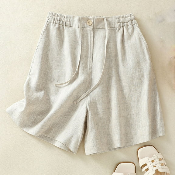 ITSAME Bermuda Shorts for Womens, Pockets Cotton Linen Elastic Waist Summer Casual Shorts Beige L
