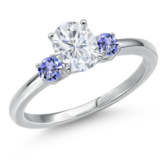 Gem Stone King 14K White Gold White Moissanite and Blue Tanzanite Engagement Ring for Women | 1.20 Cttw | Oval 7X5MM | Gemstone Birthstone | Size 6