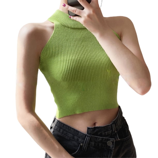 Jumpingount Chaleco de moda sólido sin mangas Sexy chalecos acanalados cómodo transpirable alta elasticidad camiseta sin mangas ropa de verano para Prendas para la parte del cuerpo Verde Jumpingount AP017527-03