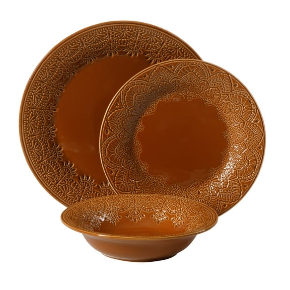 The Pioneer Woman Vintage Lace 12-Piece Ceramic Dinnerware Set, Caramel