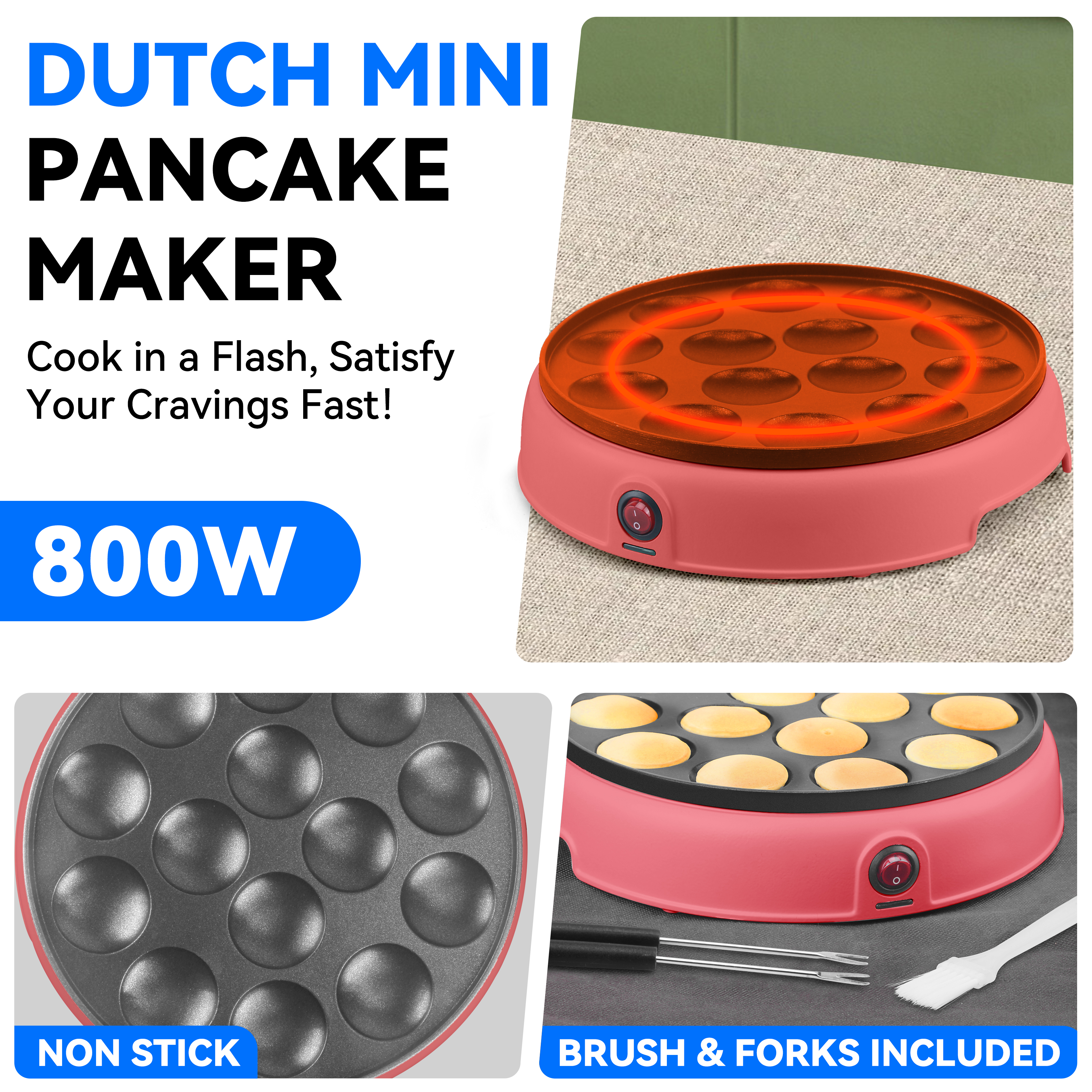 Mailand 1.8 Inch x14 Holes Mini Pancakes Maker Machine, Dutch Mini Pancake Griddle, Non-stick Poffertjes Pan, 2 x Forks Included, Red