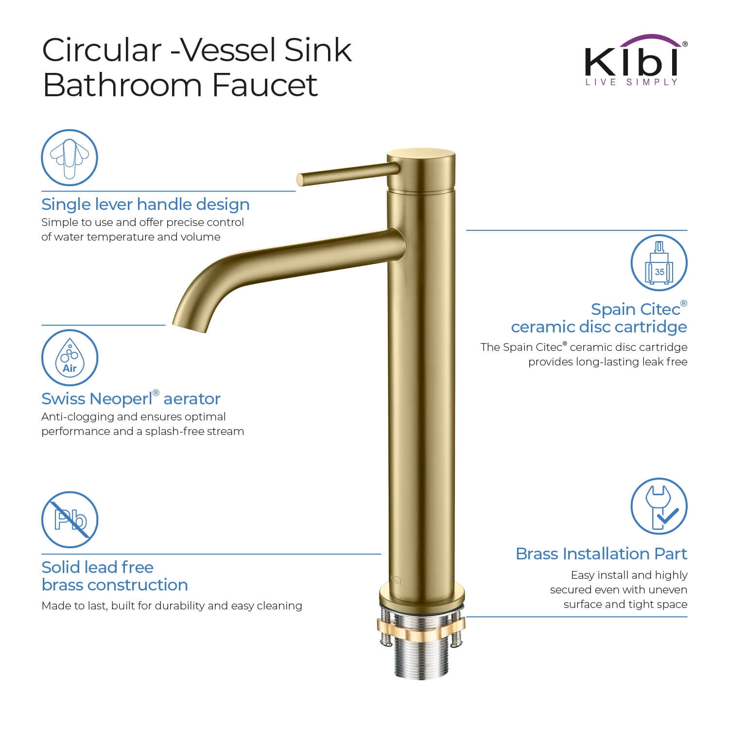 Kibi Circular Single Handle Bathroom Vessel Sink Faucet with Pop Up Drain