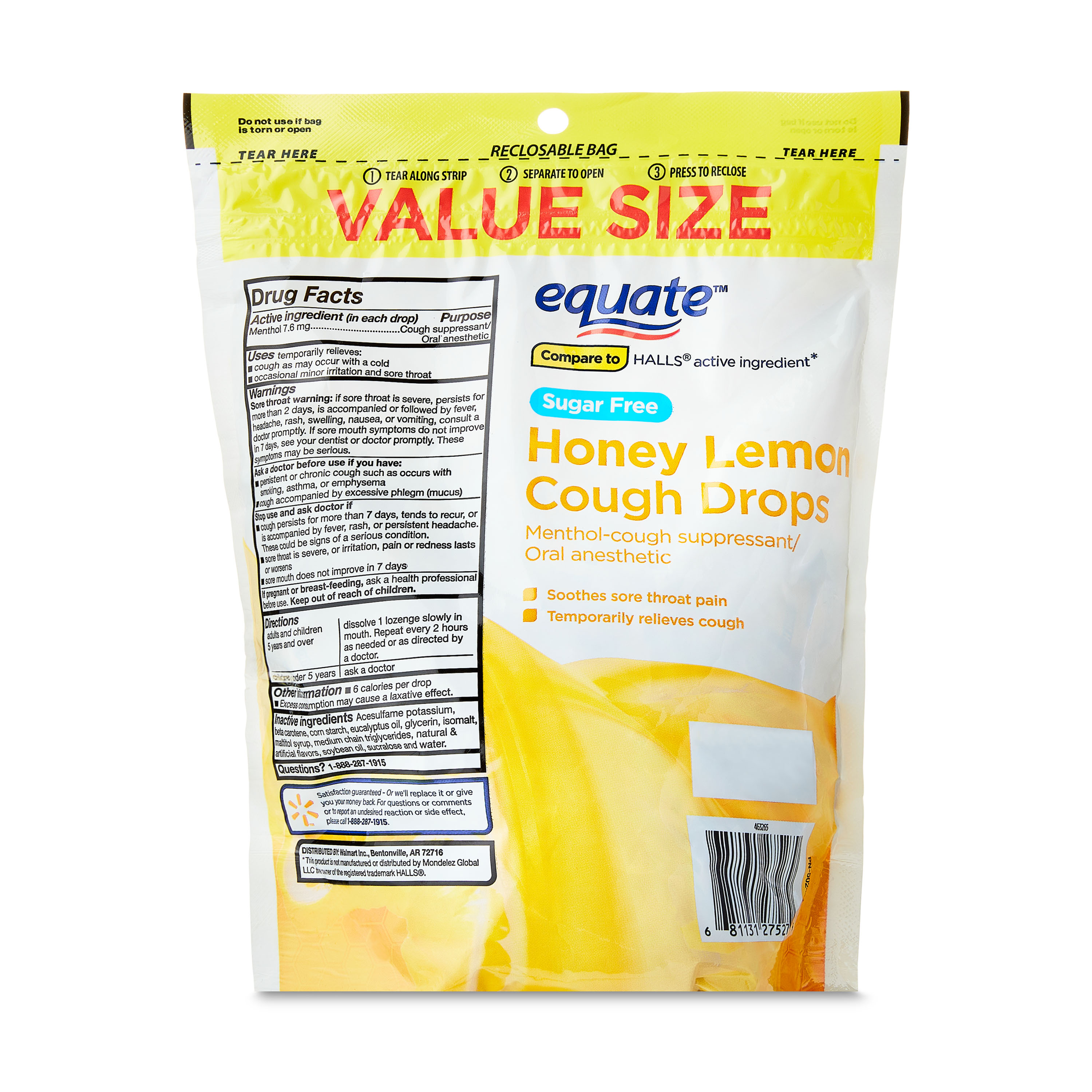 Equate Pastillas para el Dolor de Garganta y Tos sin Azúcar con Menta, Sabor Miel y Limón, 140 Unidades, Comparar con el Ingrediente Activo en HALLS® 6