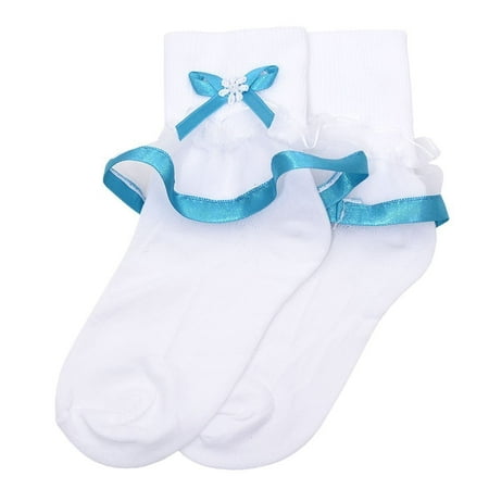 Piccolo Girls White Turquoise Bow Broach Lace Trim Anklet Socks