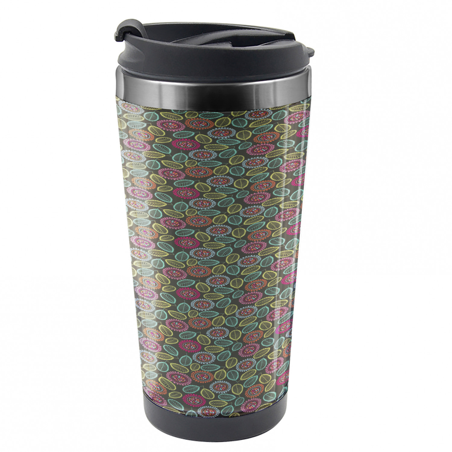 Flower Travel Mug, Abstract Foliage in Blooms, Steel Thermal Cup, 16 oz