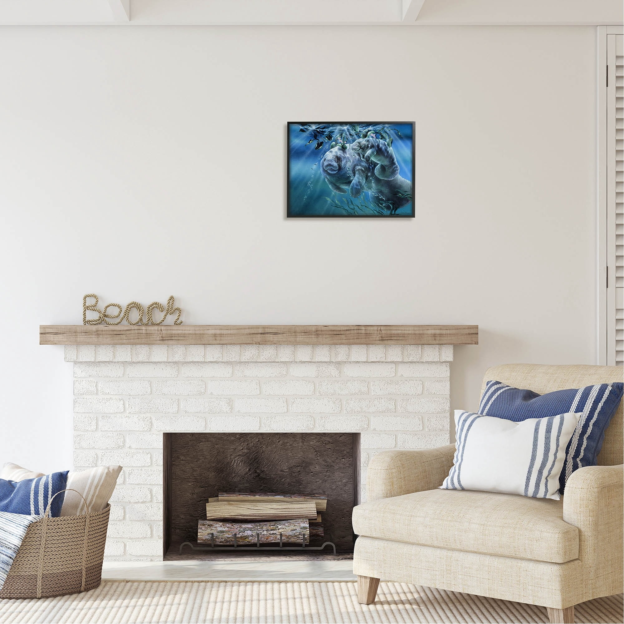 Stupell Industries Manatees Underwater Sun Rays Coastal Painting Black Framed Art Print Wall Art