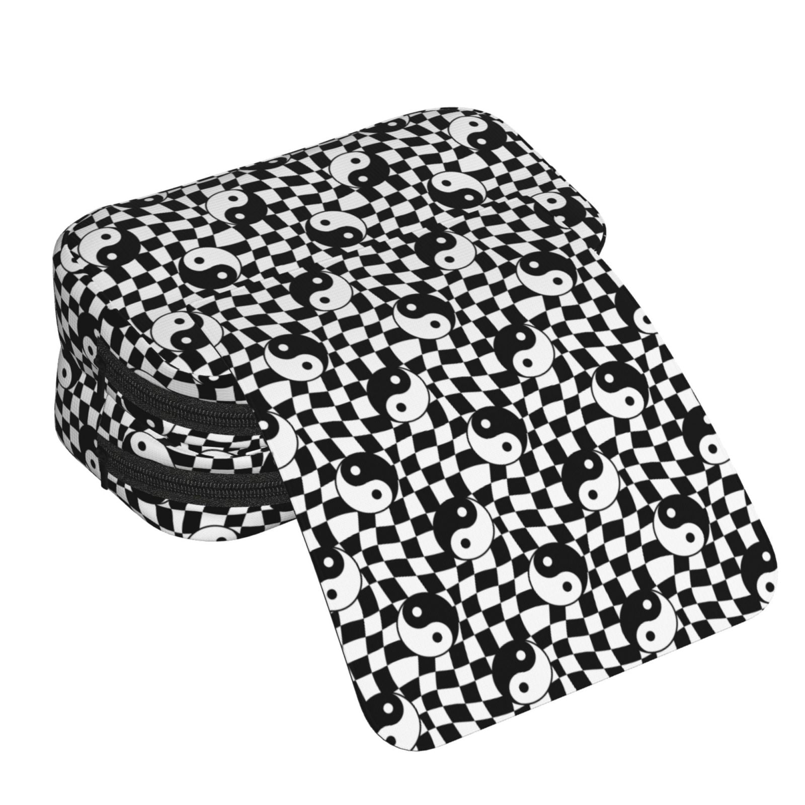 Rateoe Ying Yang Checkered Pattern Double Clamshell Pen Case, Storage Organizer with Two Zipper Compartments– Holds Up to 50 Pencils & Pens