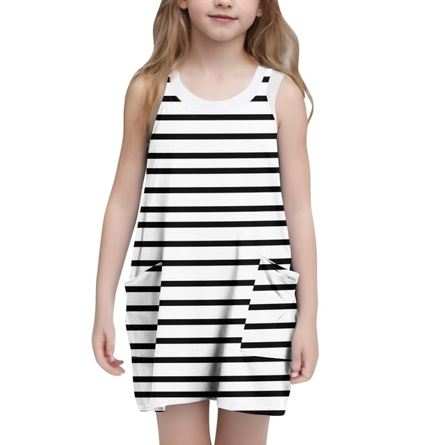 Annhoo Robe d'Été Sans Manches à Rayures pour Filles, Décontractée, Col Rond, avec Poches, 5-14 Ans