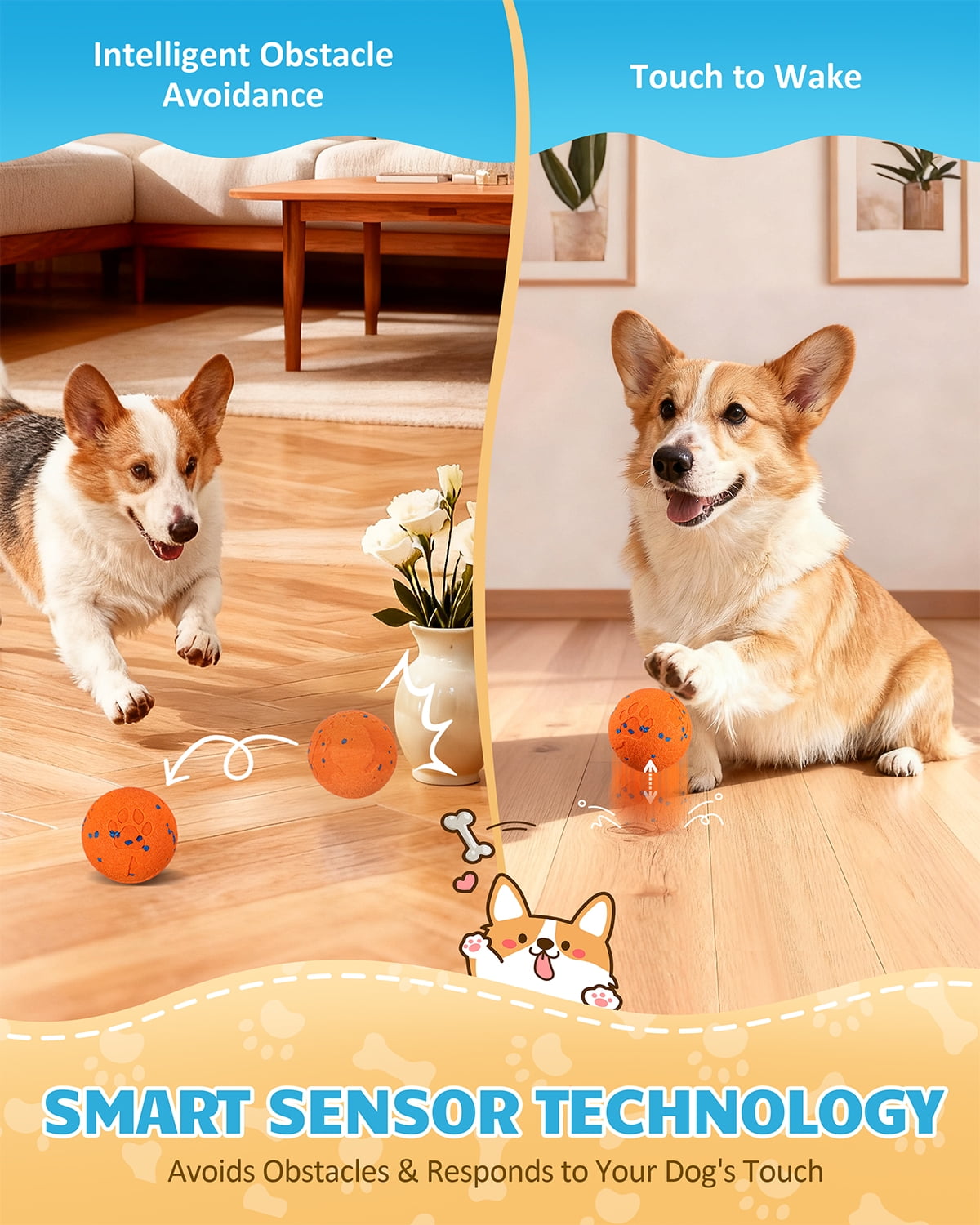 Interactive Dog Ball & Interactive Dog Toys for Medium/Large Dogs - Self Moving Automatic Ball with Chew Resistant E-TPU Material, IPX7 Waterproof，Orange