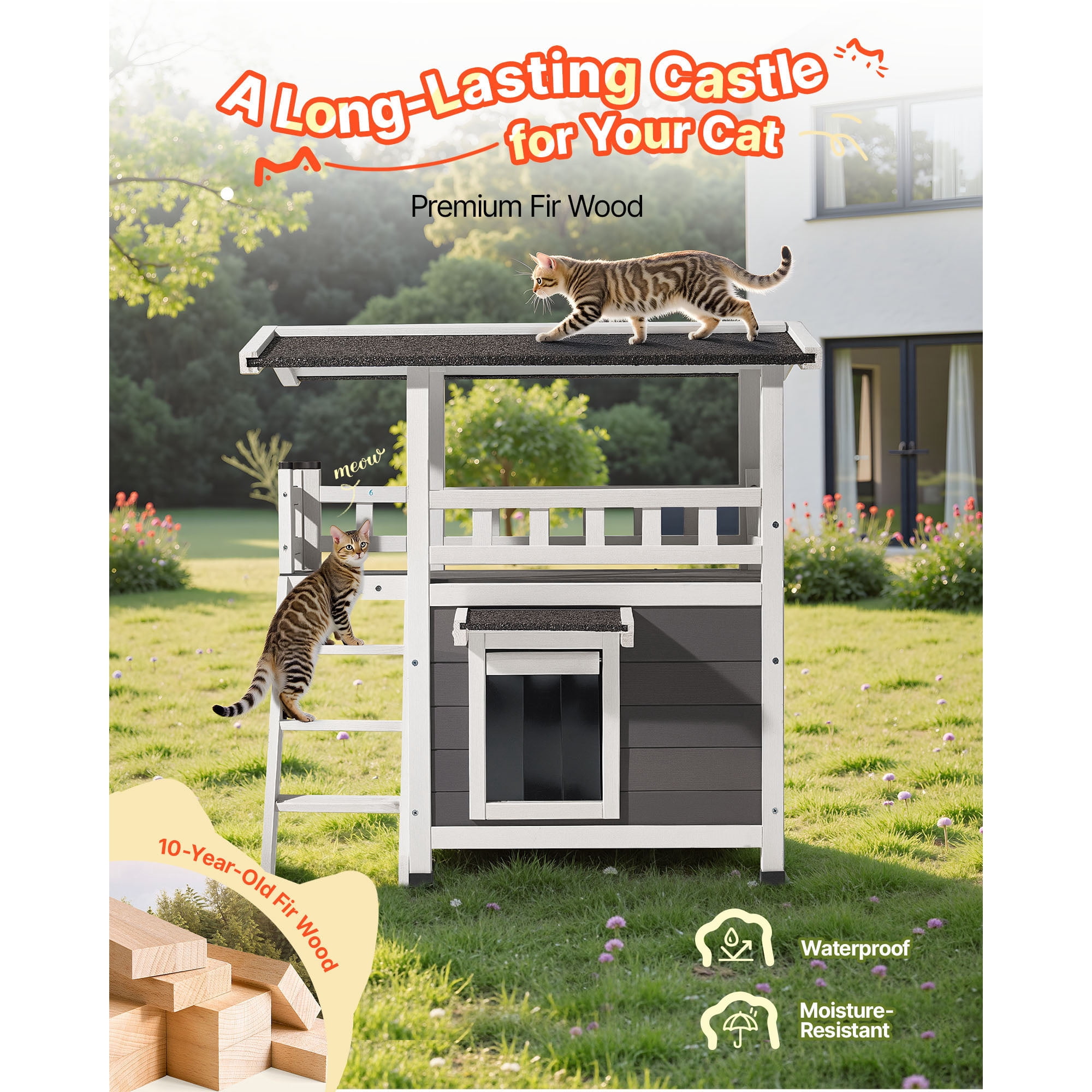 KFFKFF 2-Story Wooden Cat House with Stairs & Balcony, Elevated Shelter for Feral and Domestic Cats, Weather-Resistant Design, Spacious Interior, Suitable for Indoor and Outdoor Use, 30 x 22 x 30 in