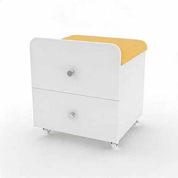 Vanity Stool Chair with Storage Drawer, Square Makeup Ottoman with Padded Seat, Compact Side Table for Bedroom and Dressing Area,White Yellow