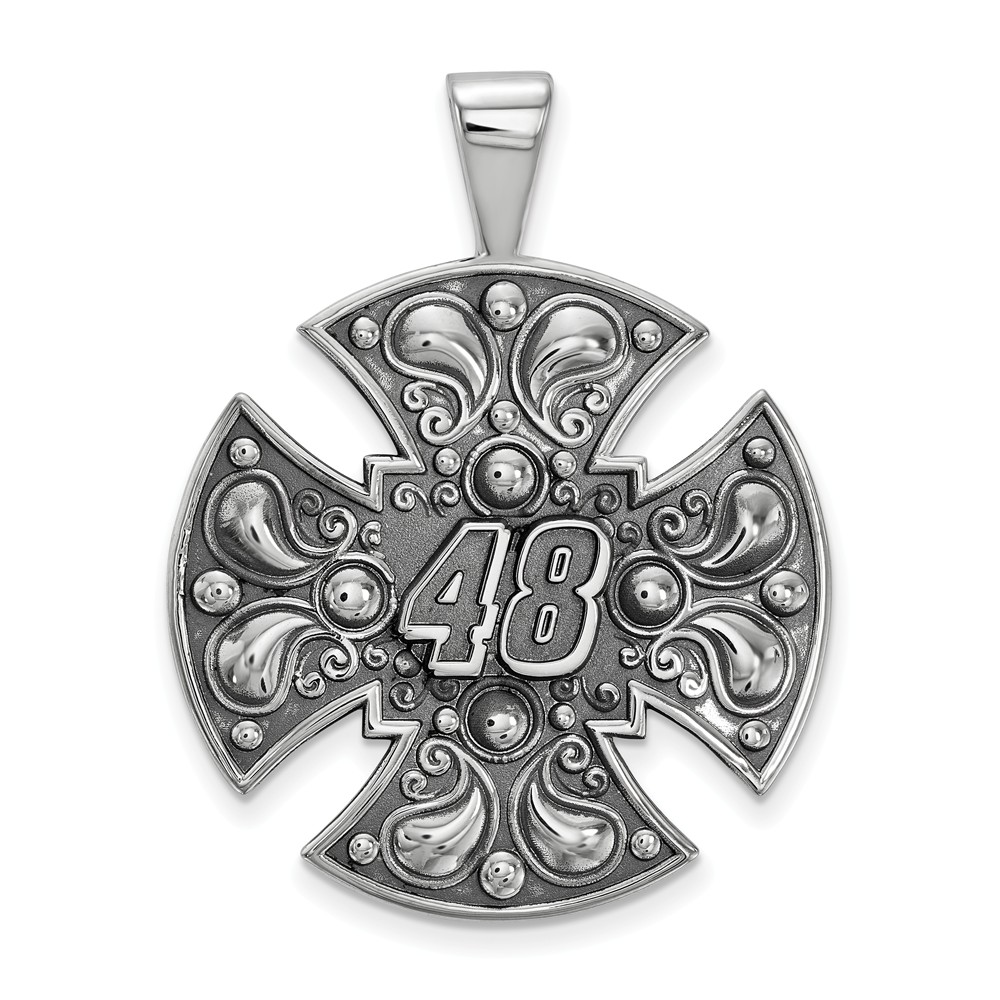 Solid 925 Sterling Silver Official Vintage Antiqued NASCAR Number # 48 Jimmie Johnson Large Cross Pendant Charm - 46mm x 32mm - image 1 of 3