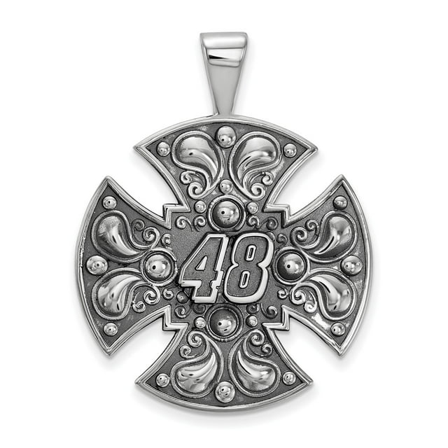 Solid 925 Sterling Silver Official Vintage Antiqued NASCAR Number # 48 Jimmie Johnson Large Cross Pendant Charm - 46mm x 32mm