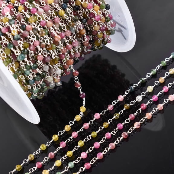 QNAVIC Natural Multi Tourmaline Gemstone Handmade Beaded Stone Rosary Chains with 3mm Beads Jewelry Making DIY Accessories 925 Sterling Silver Rosary Chain Hand Craft (1 Feet)