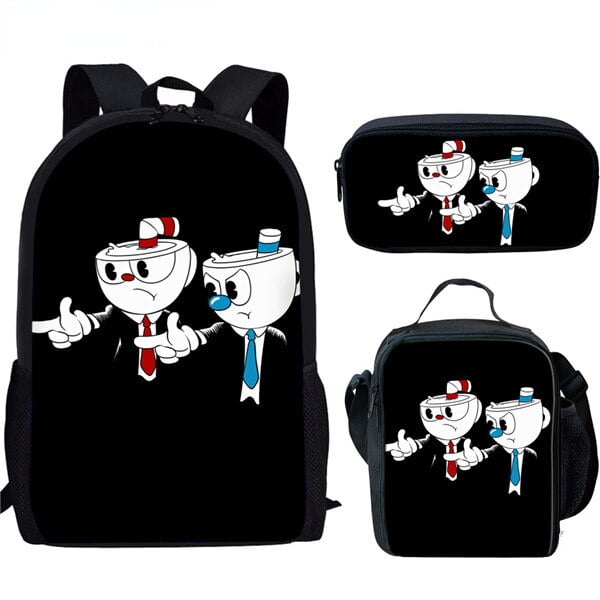 Cuphead-mochila escolar Mugman para niños y niñas, bolsa impermeable de dibujos animados de Anime, Oxford, bolsa de almuerzo, estuche para lápices, bolsa para portátil de viaje, 3 piezas por juego Fivean unisex