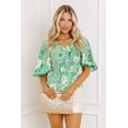 thumbnail image 5 of Women's Green Floral Smocked V-Neck Blouse – Casual Short Sleeve Summer Shift Top, XL, 5 of 12
