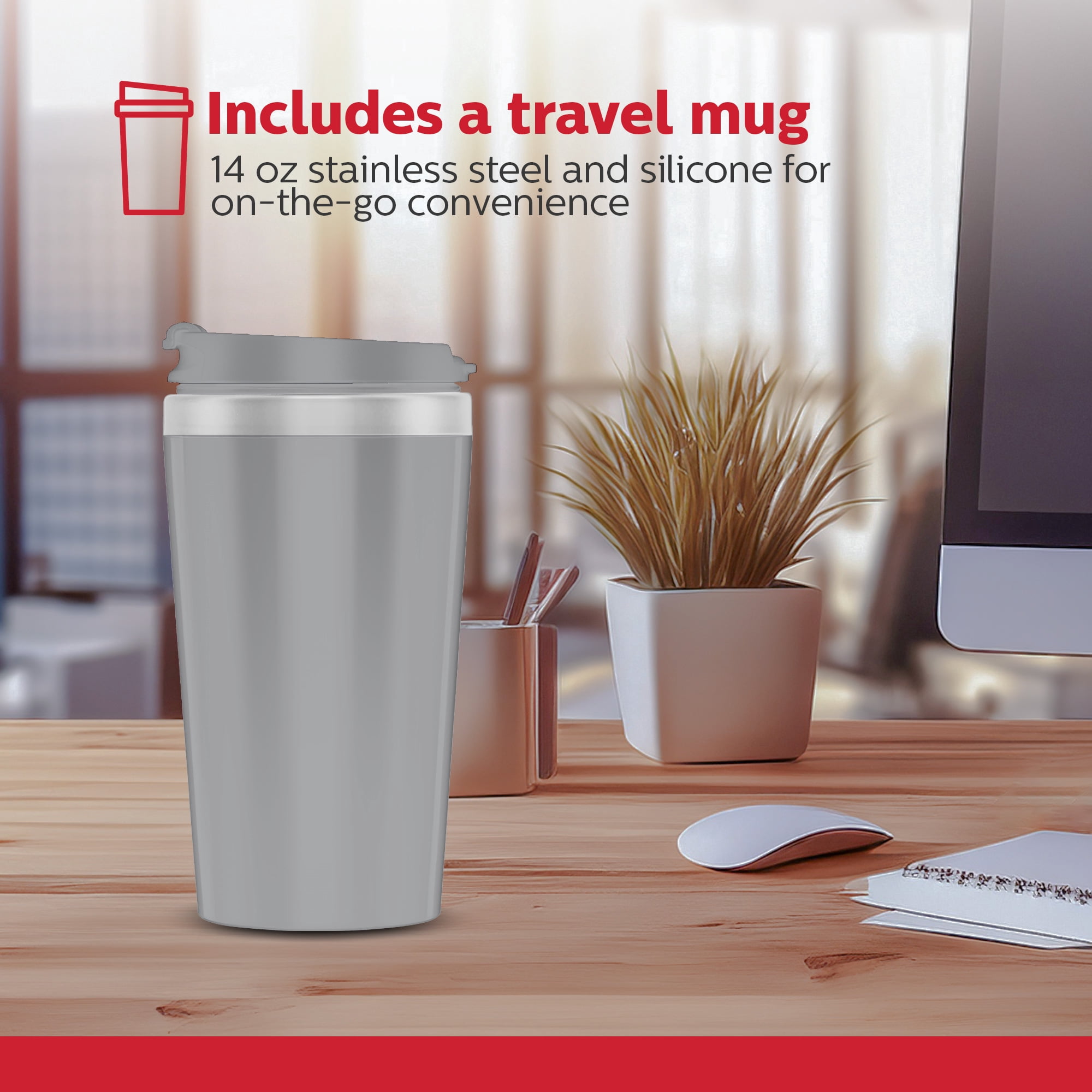Holstein Housewares Personal Single Serve Coffee Maker Grey Includes 14Oz. Stainless Steel Interior Thermal Travel Mug