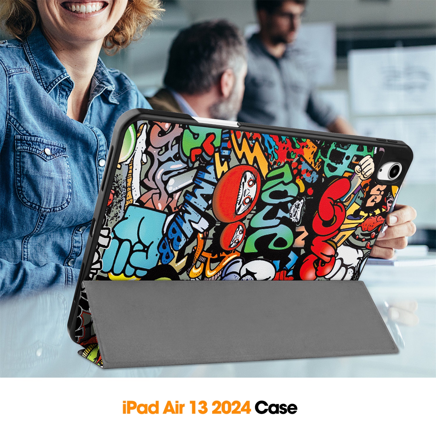 SaniMore for Apple iPad Air 13 (2024) Case, Auto Sleep/Wake, PU Leather Case with Tri-Fold Kickstand & Pencil Holder Shockproof Protective Cover for Women Men, Graffiti