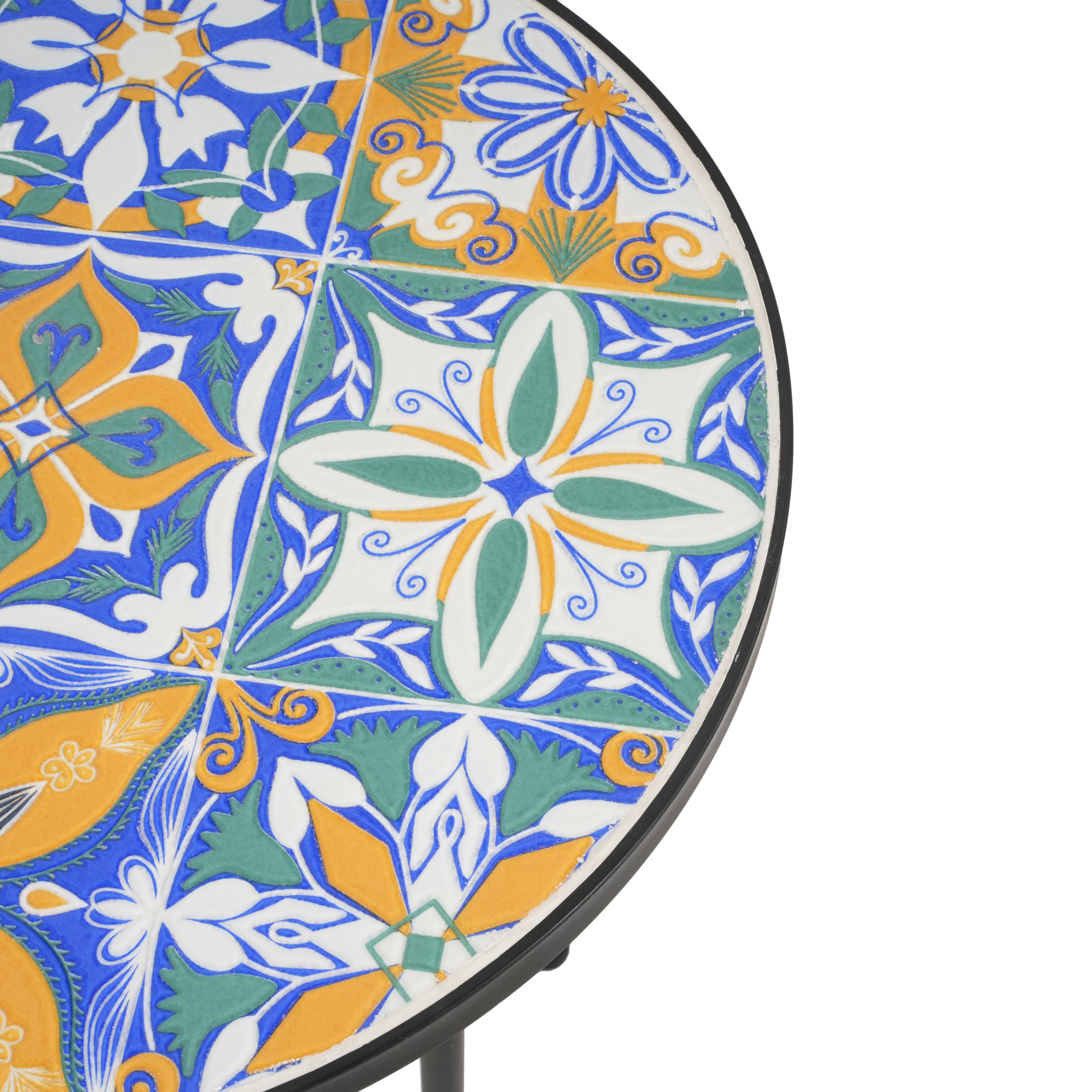 Elevate Outdoor Patio Round Side Table, Ceramic Tile, Iron, Black + Colorful