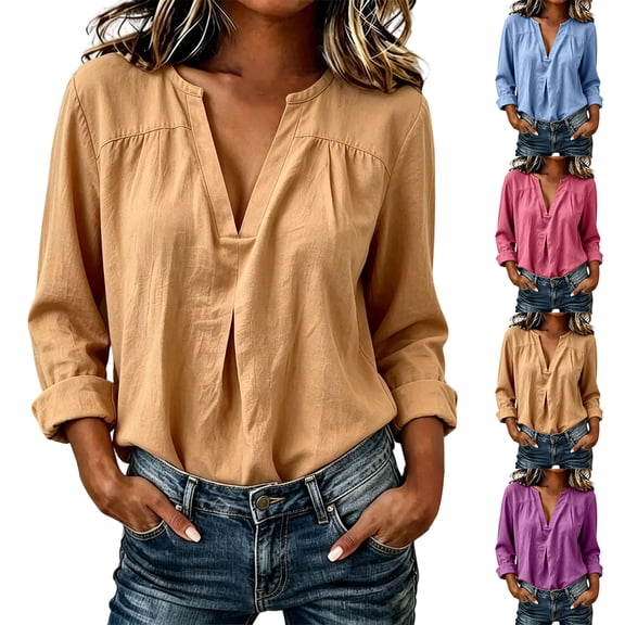 Bovxnpu Women Long Sleeve Button Down Shirts Cotton Linen Dressy Casual Blouses Women's Fall Cotton Linen V Neck Long Sleeve Vintage Casual Shirt Tops