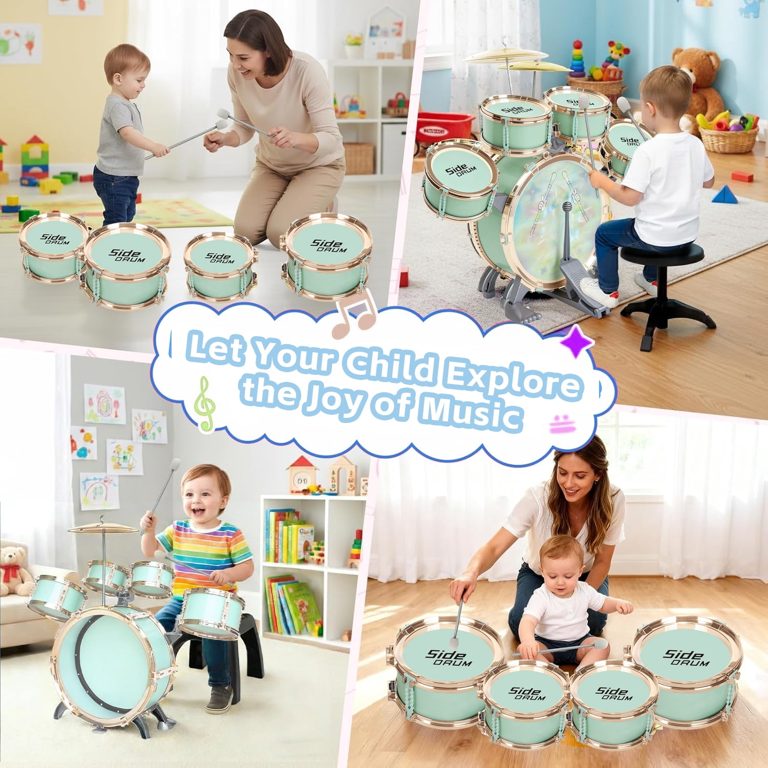 Aijohnny Toddler Light Jazz Drum Set, Musical Kid Drum Set with Stool, Pedal & Drumsticks, Birthday Gifts for Kids 1-3 3-5 5-8 Years Old