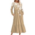 thumbnail image 1 of Erwazi Robe Midi à Manches Longues pour Femmes, Col Rond, Plissée, à Volants, Ligne A, Fluide, Printemps Automne, Décontractée, avec Poches, 1 of 4
