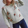 thumbnail image 5 of Sweaters for Women Lightweight Crew Neck Long Sleeve Solid Color Cherry Jacquard Knit Pullover Fall Outerwear, 5 of 8