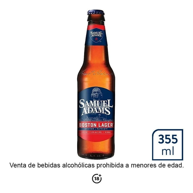 Cerveza artesanal Samuel Adams Boston Lager botella de 355 ml, botella de vidrio ámbar con etiqueta azul y roja que resalta el nombre Samuel Adams y Boston Lager, cerveza clara con sabor a malta y lúpulo, ideal para disfrutar en reuniones sociales.