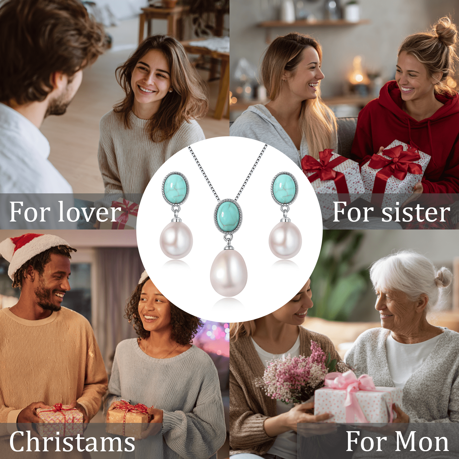 BAMIKI 9-10mm White Pearl Necklace and 8-9mm Earrings Set 925 Sterling Silver Valentine's Day Jewelry Gift for Women