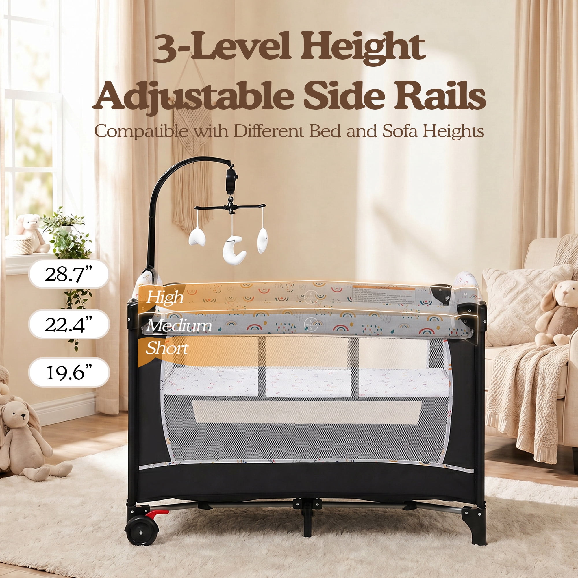 LINLUX Foldable Baby Bedside Crib Bassinet, Infant Pack and Play Playard, Newborn Playpen Changing Table, Multicolor