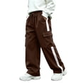 thumbnail image 4 of BXJX Boys Cargo Pants, Multi Pocket Straight‑Leg Side Stripe Elastic Waist Casual Trousers Brown Size 14-15 T, 4 of 8