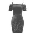 thumbnail image 4 of IROINNID Wedding Guest Dress for Women Evening Night Formal Fall Dress Summer Solid Off The Shoulder Short Sleeve Mini Dress Trendy Bodycon Dress,Gray, 4 of 7