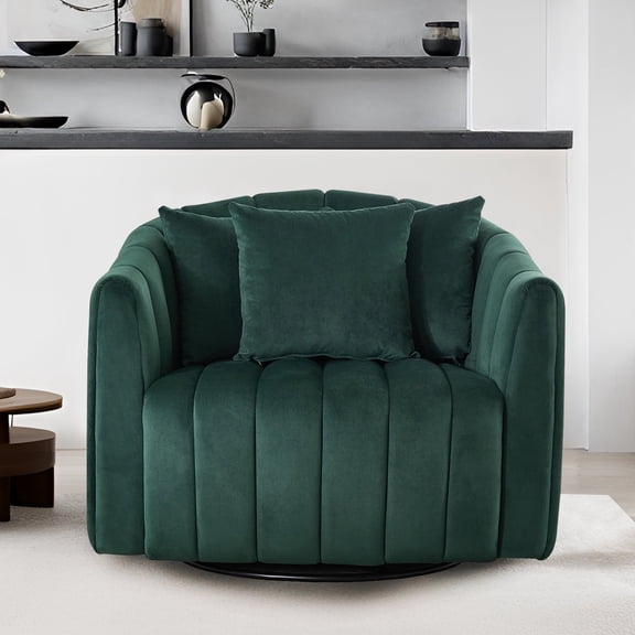 MDQMD Oversized Swivel Accent Chair Plush Upholstered Velvet Barrel Armchair with 3 Pillows Comfy Lounge Chair for Living Room Bedroom Office Green 39"Lx34.2"Wx30.9"H