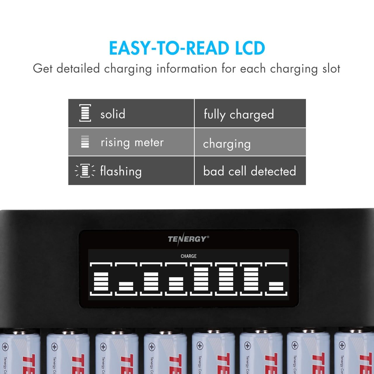 Tenergy TN480U 8-Bay NiMH Battery LCD Display Fast Charger + 4 pc 2500mah AA and 4pcs 1000mah AAA Rechargeable Batteries