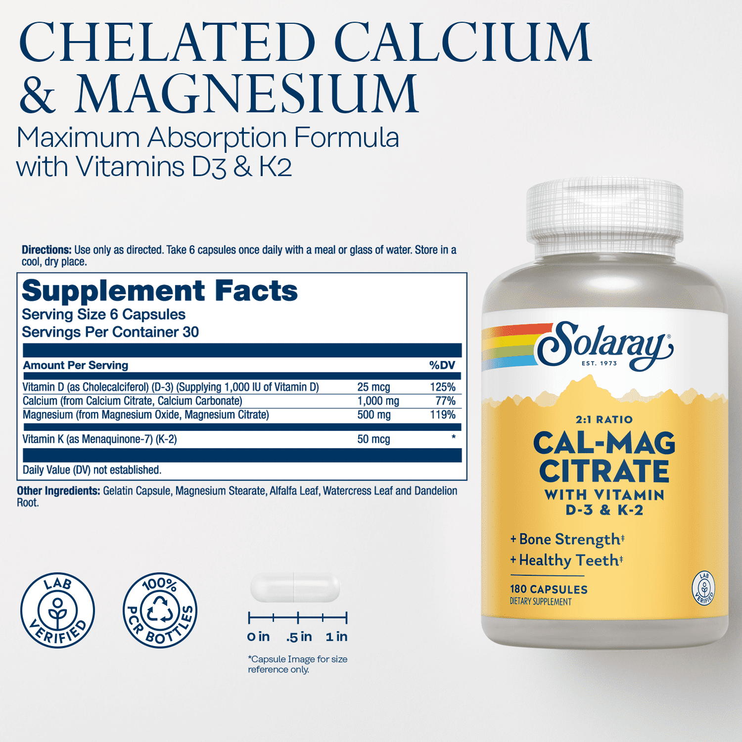 Solaray Calcium & Magnesium Citrate 2:1 w/ Vitamin D3 & K2, Healthy Bone, Muscle & Nerve Support, 30 Serv, 180 Capsules