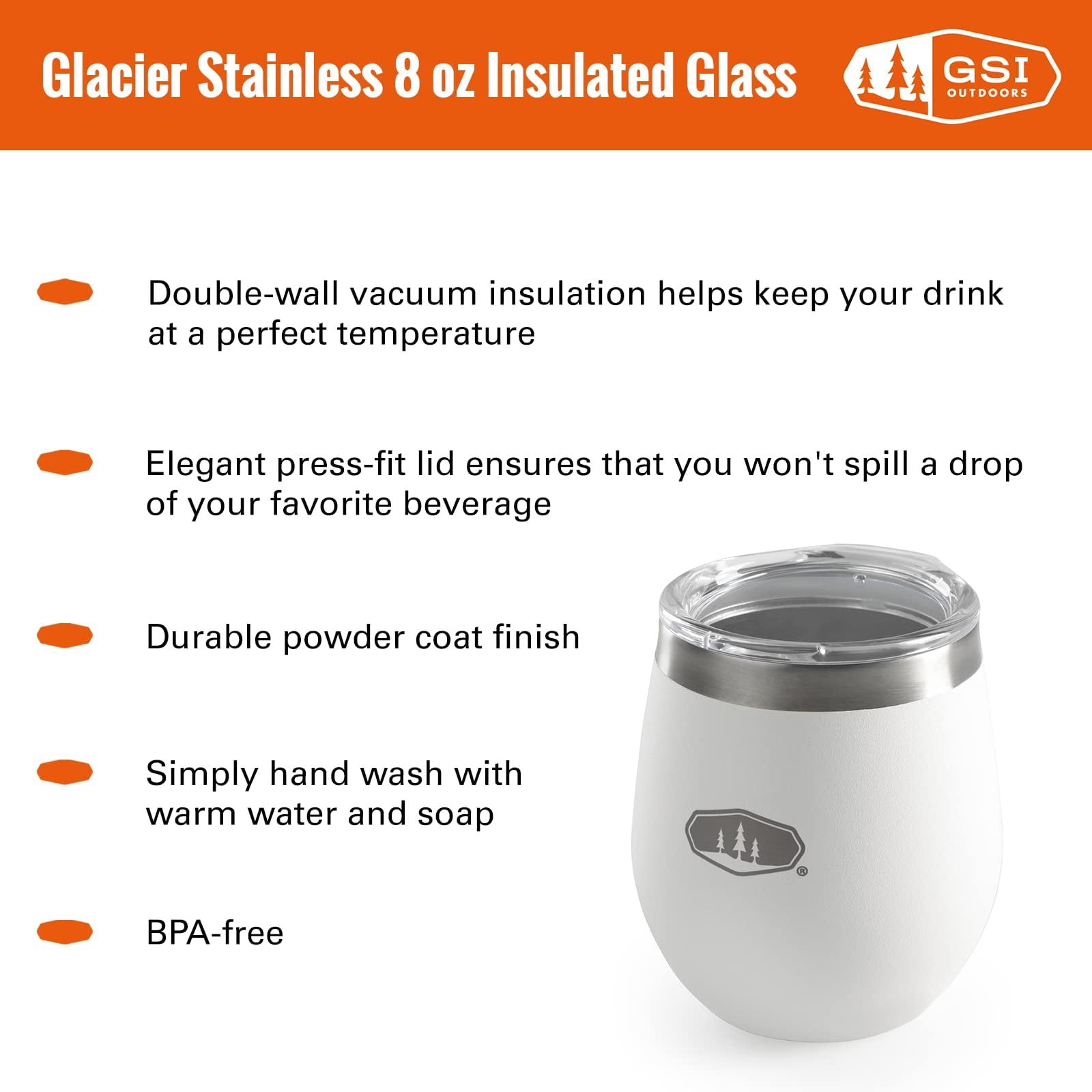 GSI Outdoors Glacier – Verre Isotherme En Acier Inoxydable Blanc – Double Paroi, 236 Ml, Anti-déversement, Sans BPA – Pour Camping Et Maison