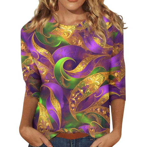 Mardi Gras T Shirts for Women Carnival Themed Graphic Printed 3/4 Length Sleeve Womens Tops Casual Crew Neck Pullover Festival Party Tunic Tee Tops