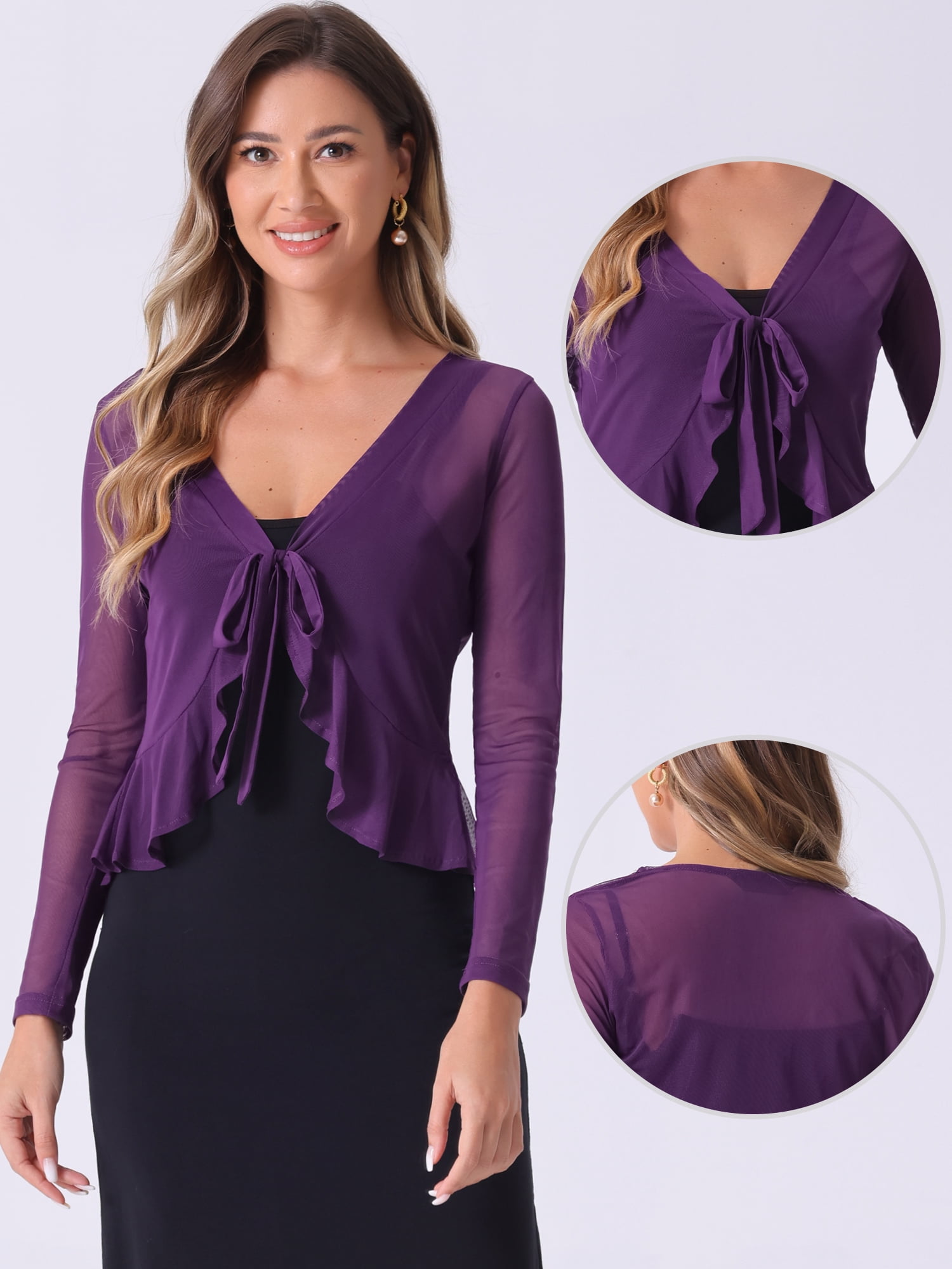 DARING DIVA Women's Ruffle Mesh Shrug Long Sleeves Self Tie Casual Bolero Cardigan S Purple