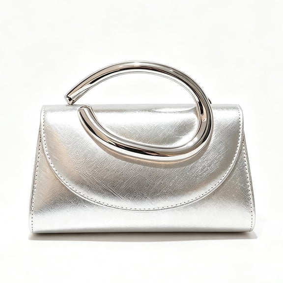 Women’s Silver Metallic Clutch Purse, Evening Bag with Oval Ring Handle