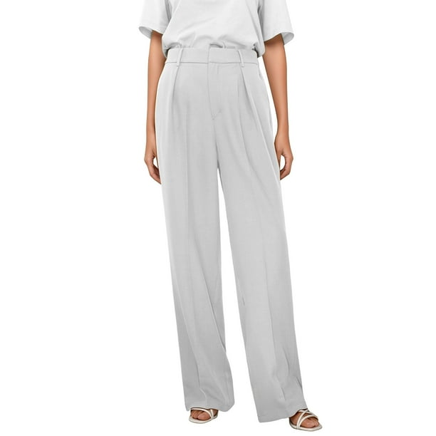Pantalones de trabajo de mujer, de pierna ancha y cintura alta - Poliéster y spandex, estilo informal de negocios, bolsillos delanteros plisados, ropa para la oficina y las vacaciones
